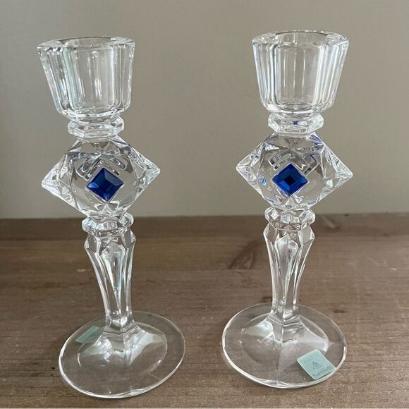 PartyLite Jeweled Crystal Taper Candlestick Pair Sapphire Rhinestones in box - Picture 2 of 6